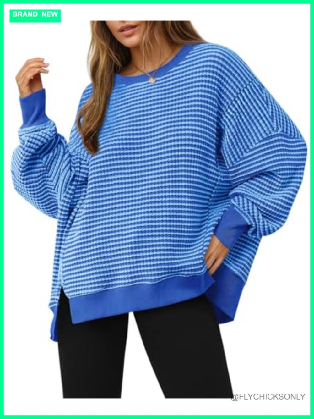 Waffle Knit Oversized Sweatshirt Crewneck Split Tunic Pullover